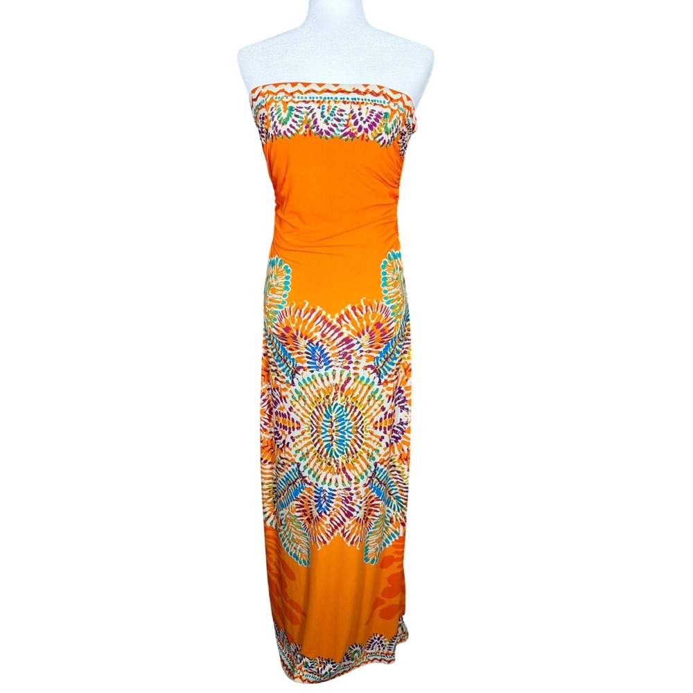 Speechless Womens Orange Geometric Print Strapless Ruched Maxi Dress S D40361KCA